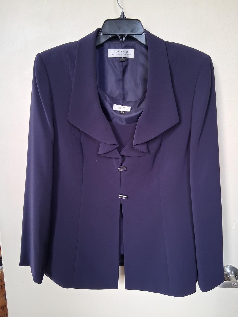 Tahari purple Women's Tailored Ruffle Collar Jacket And Scoop Neck Top
